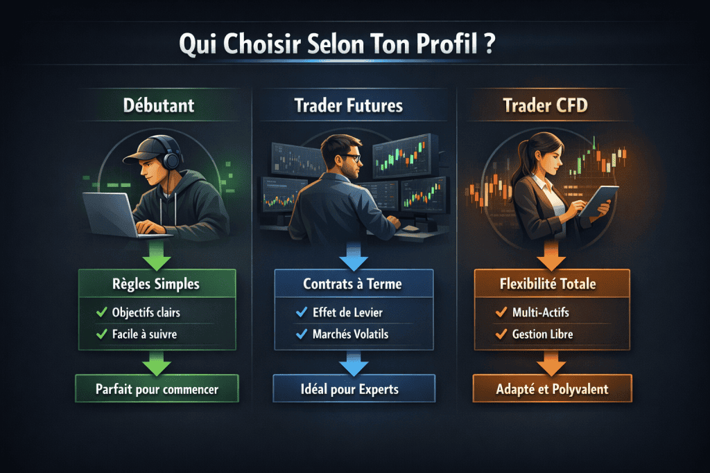 Infographie comparatif prop firms 2026 selon le profil trader : débutant, futures ou CFD
