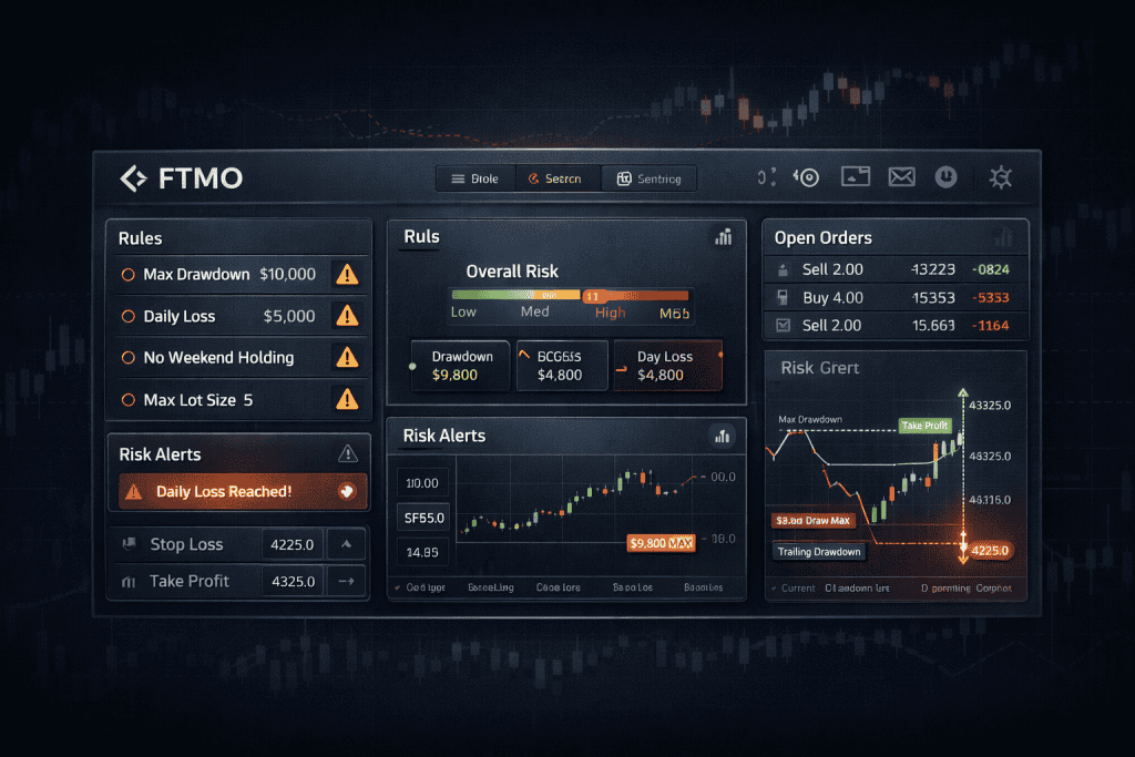 Interface illustrant les règles strictes et la gestion du drawdown chez une prop firm fiable comme FTMO