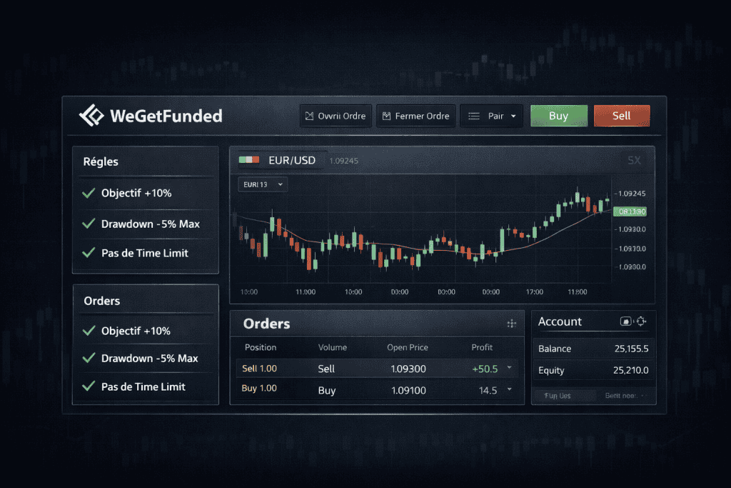 Illustration d’une plateforme de trading simple et épurée, adaptée à une prop firm aux règles claires comme WeGetFunded