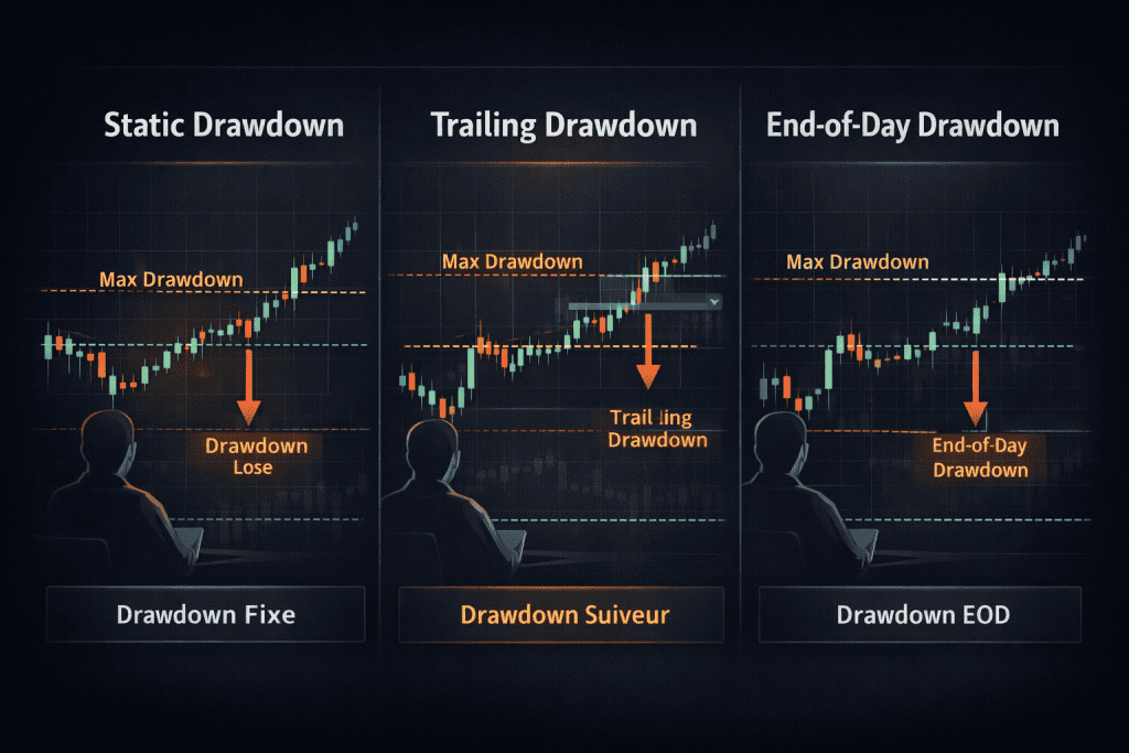 Schéma comparatif expliquant les différences entre drawdown statique, drawdown trailing et drawdown end-of-day en prop firm