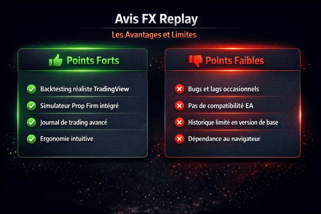 Avis FX Replay avec comparaison des avantages et limites de l’outil de backtesting TradingView pour traders et prop firms
