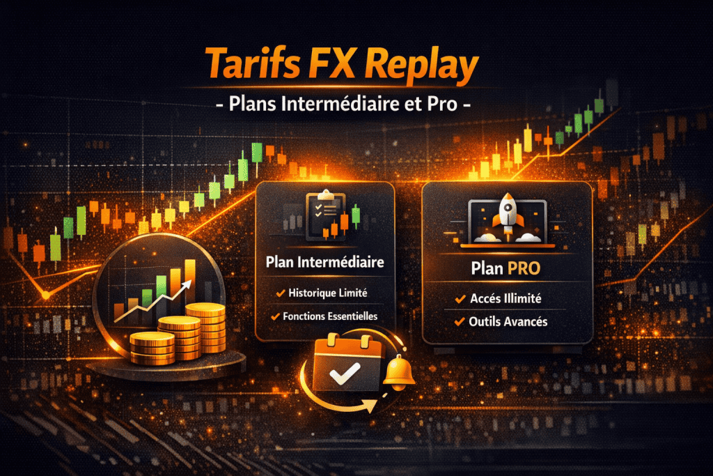 Tarifs FX Replay avec comparaison des plans Intermédiaire et Pro pour le backtesting trading sur TradingView
