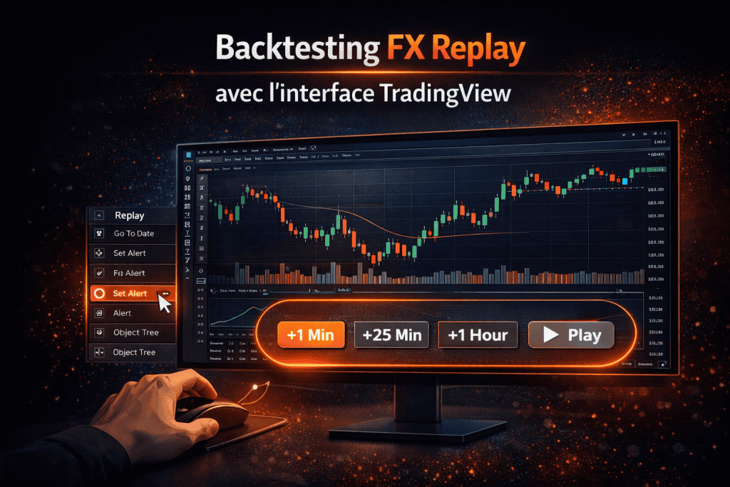 Interface FX Replay pour le backtesting trading avec graphiques TradingView et mode replay

