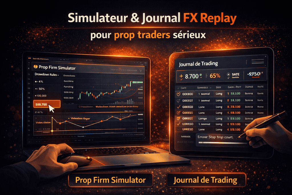 Simulateur Prop Firm FX Replay avec règles de drawdown et journal de trading pour analyser les performances
