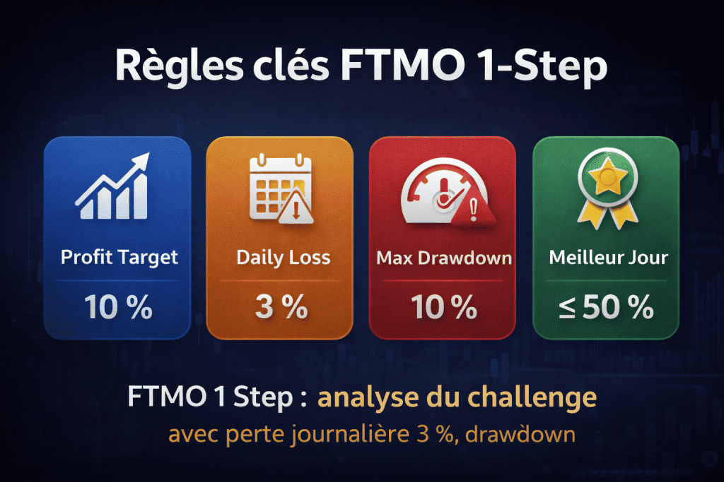 Challenge une étape FTMO – règles principales avec perte journalière 3 %, drawdown 10 % et objectif de profit 10 %