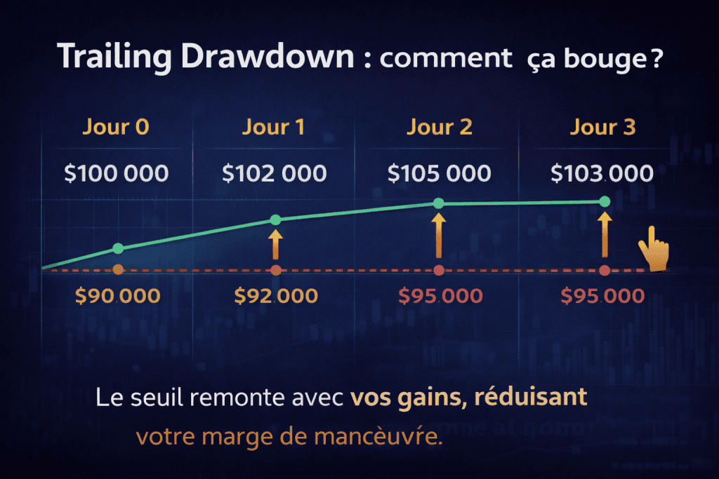Challenge une étape FTMO – schéma explicatif du trailing drawdown avec seuil de perte qui remonte selon les gains