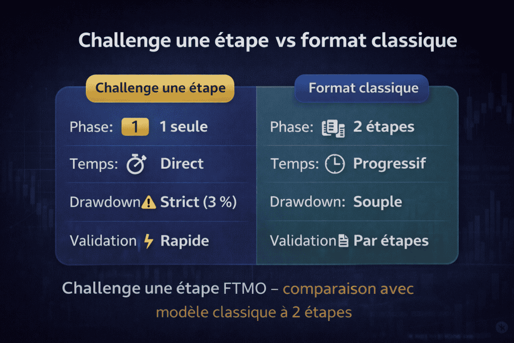 Challenge une étape FTMO comparé au format classique avec différences de phases, drawdown et validation