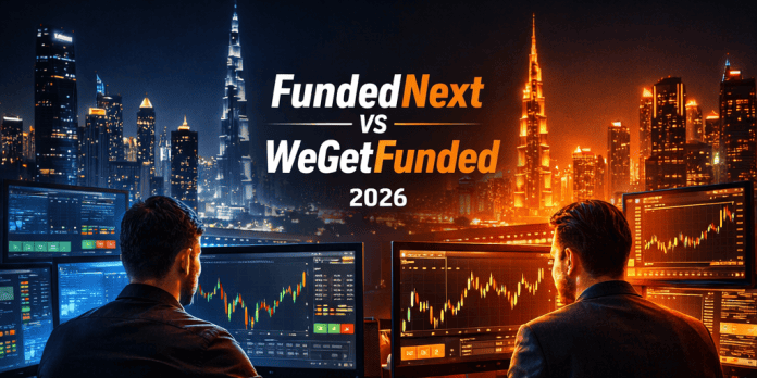 FundedNext-vs-WeGetFunded-2026-comparatif Comparatif FundedNext vs WeGetFunded en 2026 avec traders professionnels et écrans de trading à Dubaï