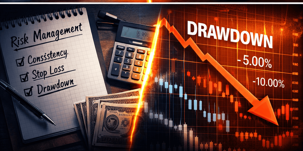 Illustration de la gestion du risque en prop firm avec règle de consistance, stop-loss et graphique de drawdown