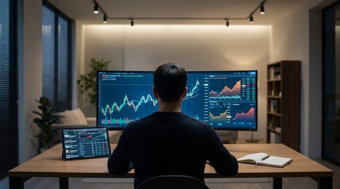 Écran de trading : analyse des marchés financiers Homme analysant des graphiques boursiers sur un grand écran et une tablette, probablement sur TradingView, dans un bureau moderne.