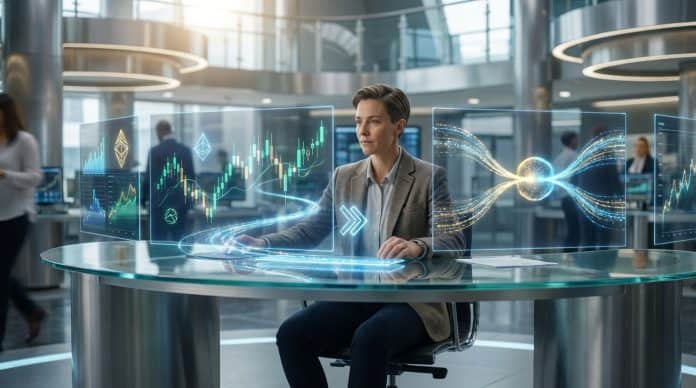 Prop firm 2026 : Le trading high-tech et l'analyse de données Une femme utilise des écrans holographiques pour analyser des graphiques boursiers et des flux de données dans un bureau futuriste.