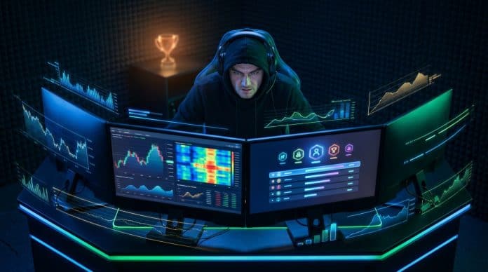 Dominer le Trading avec FXR Battles Un trader concentré avec un casque, devant plusieurs écrans affichant des graphiques de trading. Un trophée est visible en arrière-plan. Le bureau est illuminé.