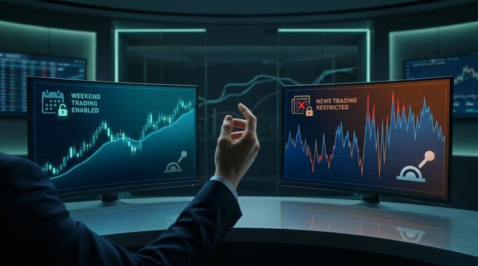 Modes de Trading FTMO : Swing ou Normal ? Un trader devant deux écrans affichant des graphiques boursiers et des options de trading : week-end activé, actualités restreintes.