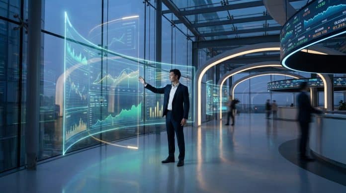 Trading professionnel : accédez aux prop firms sans challenge Un trader en costume interagit avec des graphiques financiers holographiques dans un bureau moderne et futuriste.