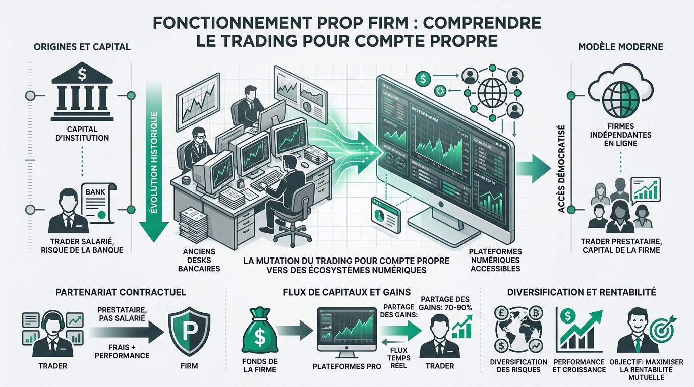 Graphique de trading illustrant le fonctionnement d'une prop firm avec des indicateurs de performance