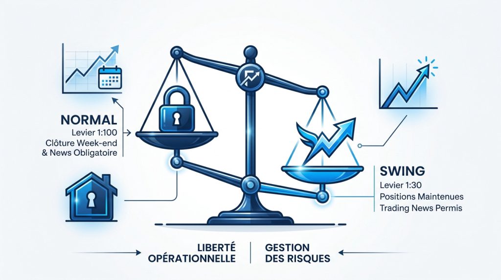Infographie comparant les modes Swing vs Normal: FTMO Normal (levier 1:100, gestion risques) et Swing (levier 1:30, liberté opérationnelle).