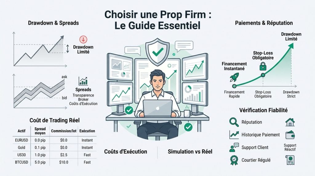 Infographie illustrant les critères clés pour choisir une Prop firm sans challenge