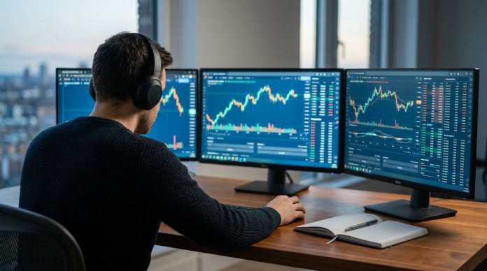 Trader utilisant des sociétés de financement Un trader avec un casque analyse des graphiques boursiers sur trois écrans dans un bureau moderne.