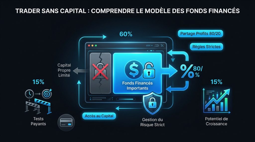 Infographie expliquant le fonctionnement des sociétés de trading financé pour trader sans capital et leurs mécanismes de gestion des risques.